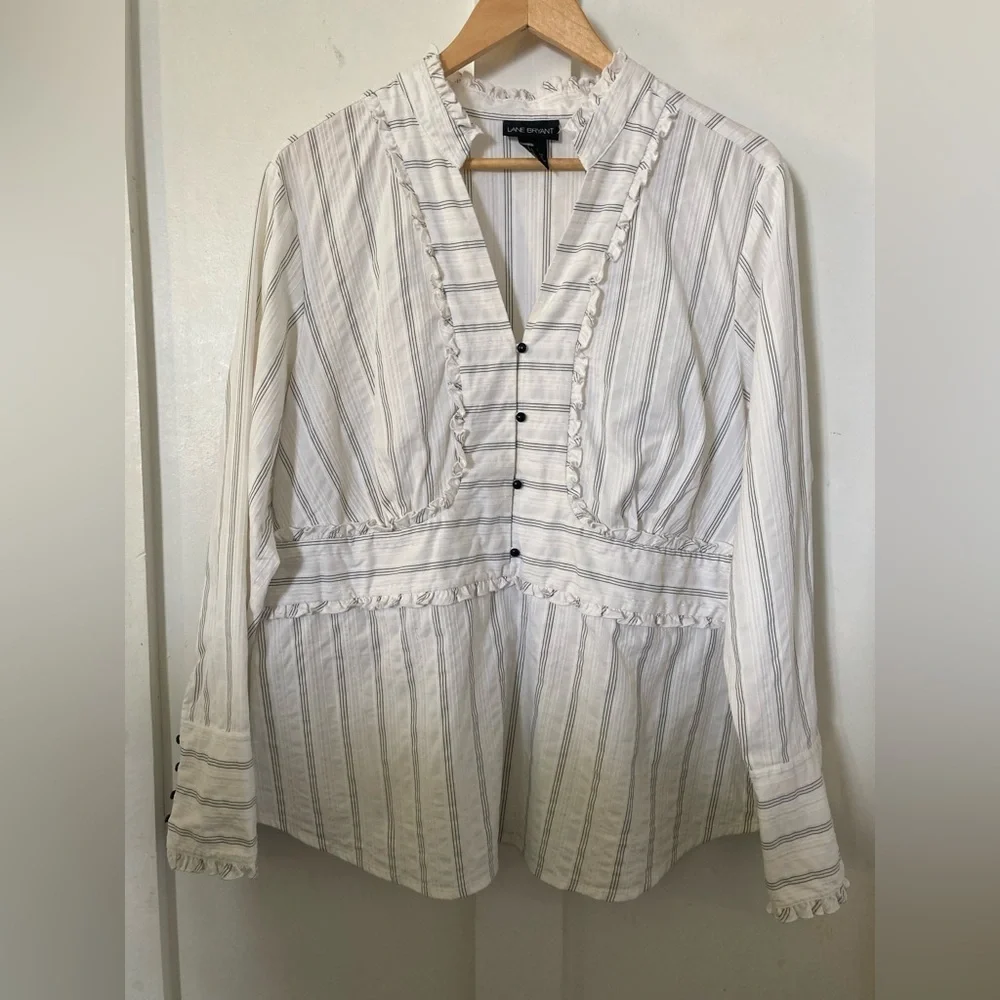 LANE Bryant ruffled popover blouse button cuffs striped